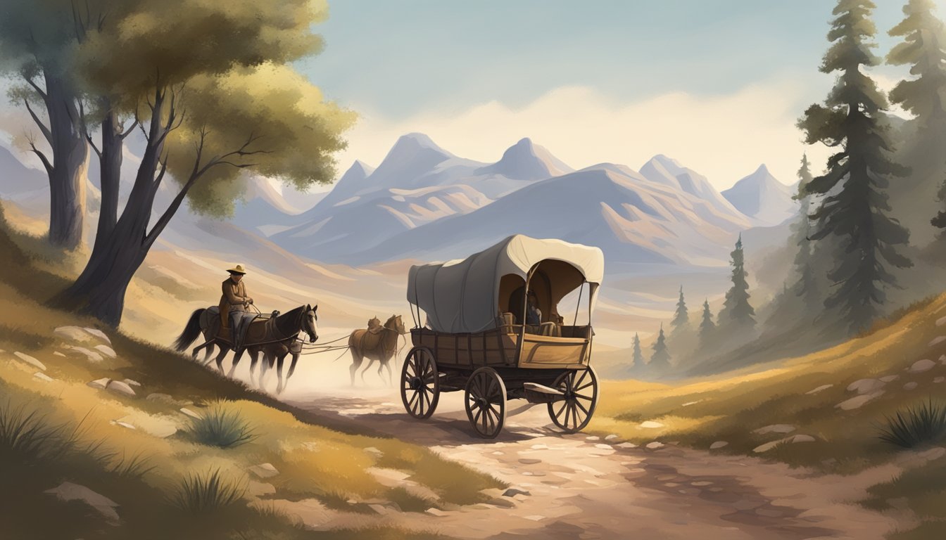 A dusty trail with a covered wagon and a weary traveler. Wild landscape with rugged terrain and a sense of isolation