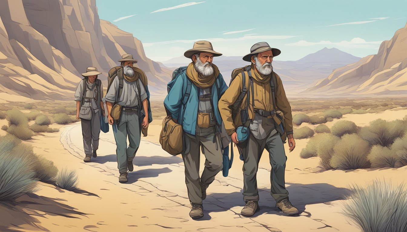 A group of weary travelers on a rugged trail, surrounded by barren landscape, with a sense of exhaustion and despair