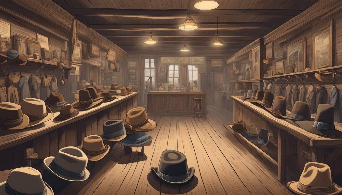 A dusty saloon with rows of hats hung on pegs, each style reflecting the wearer's occupation and status in 1883 Western culture