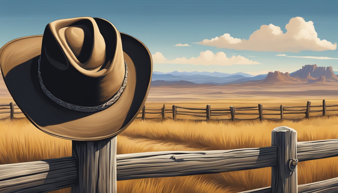 A dusty cowboy hat rests on a weathered fence post, surrounded by rolling plains and a rugged western landscape