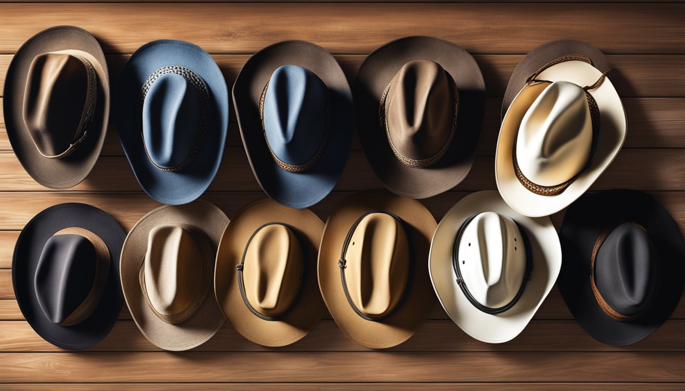 A row of weathered cowboy hats hanging on a wooden wall rack, each one unique in style and wear, symbolizing the characters and culture of the American West in "1883"