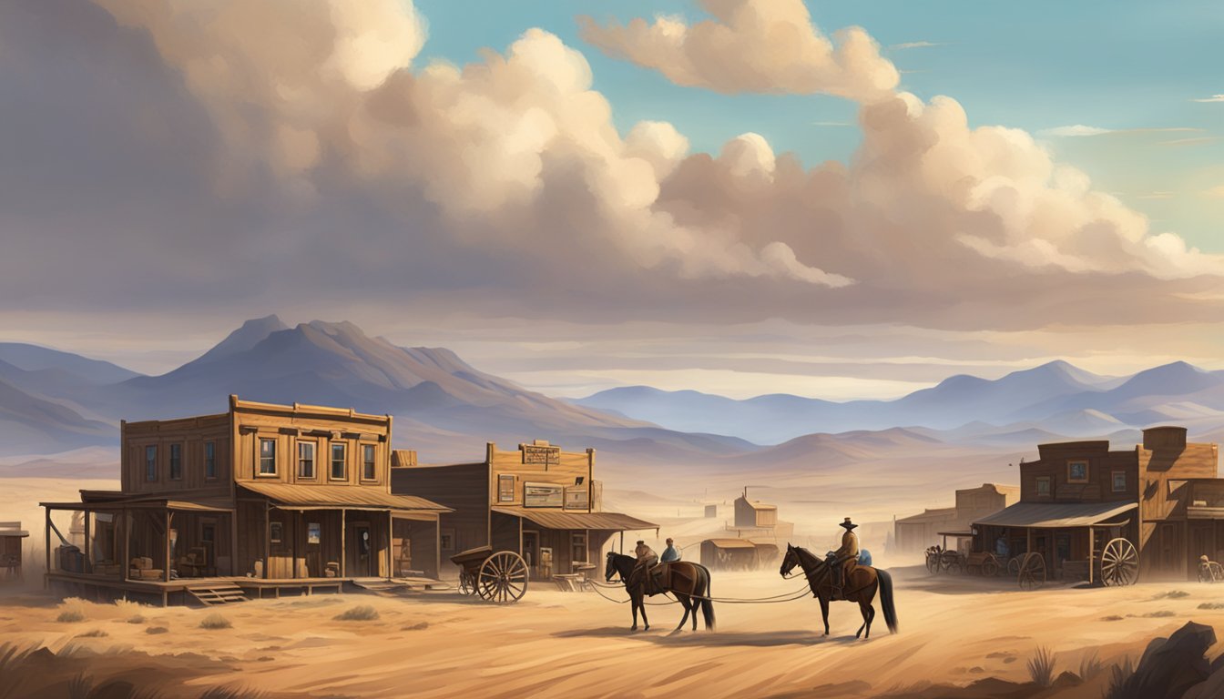 A dusty western town with a saloon, horse-drawn wagons, and rugged landscapes under a big open sky