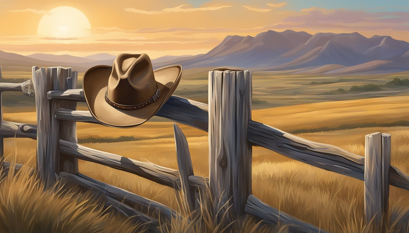 A cowboy hat sits atop a weathered fence post, surrounded by rolling plains and a rugged western landscape