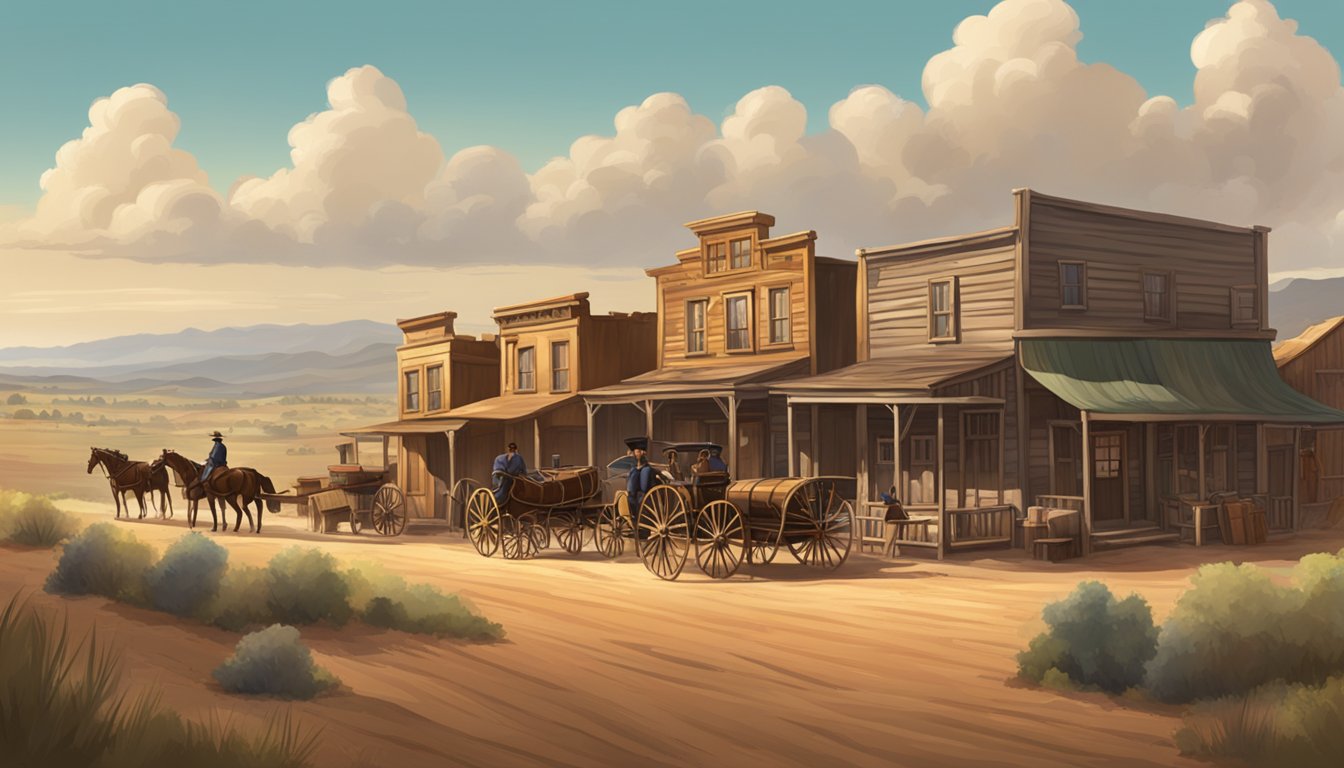 A dusty western town with saloons and horse-drawn carriages, set against a backdrop of rolling hills and a big sky