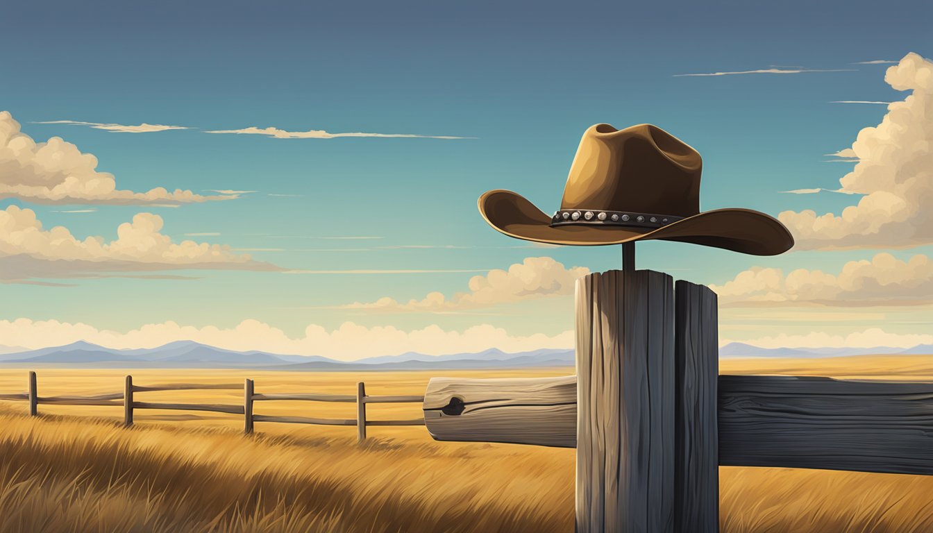 A cowboy hat resting on a weathered wooden fence post, surrounded by rolling plains and a big sky