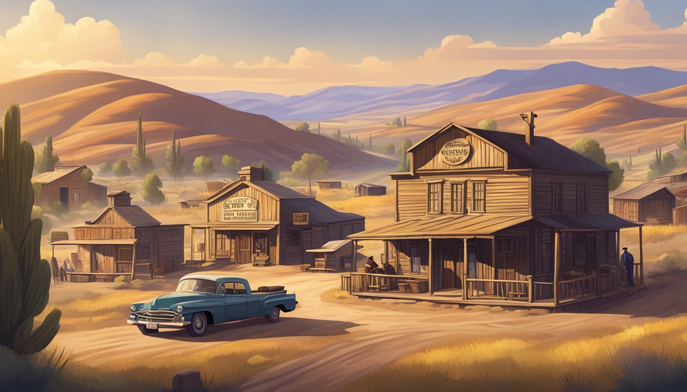 A dusty, sunlit Western town with a saloon, sheriff's office, and rolling hills in the background, showcasing the iconic setting of classic Western TV shows