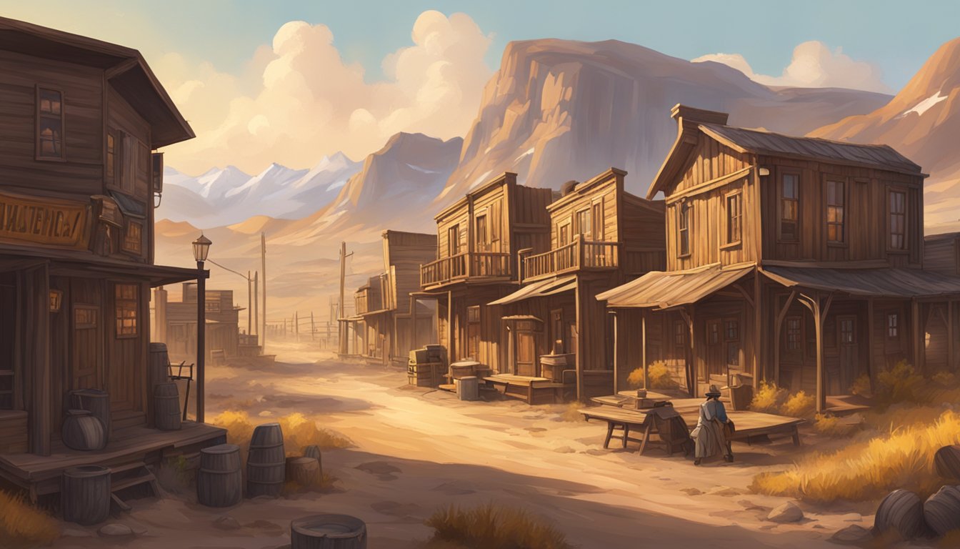 A dusty, sun-drenched Western town with wooden buildings and a saloon, surrounded by rolling prairies and rugged mountains