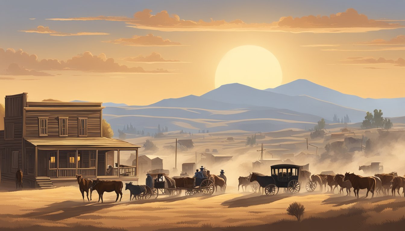 A dusty western town with a saloon, cattle ranch, and rolling hills in the background. A stagecoach is arriving as cowboys herd cattle