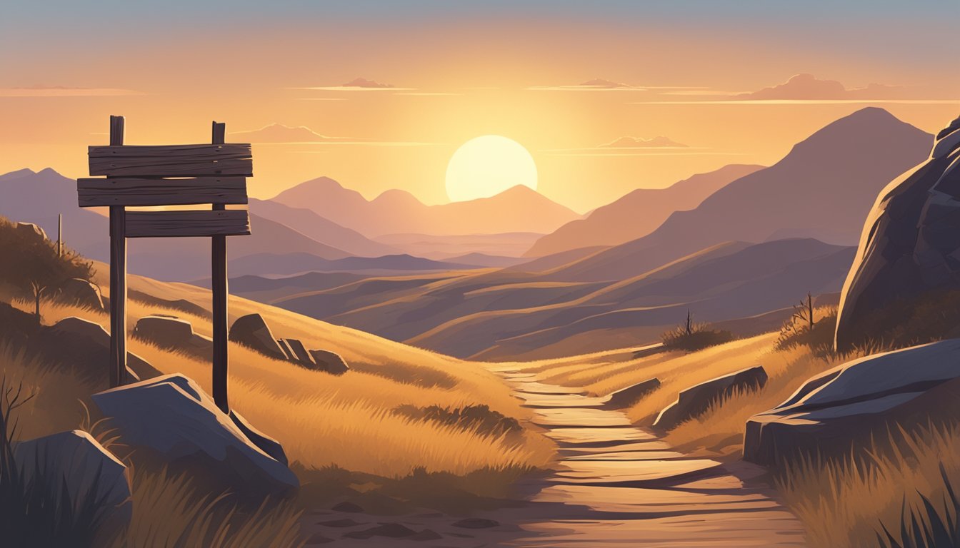 A dusty trail winds through a rugged landscape, with an old wooden signpost marking the way. The sun sets behind distant mountains, casting long shadows over the path