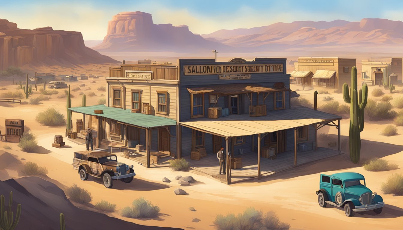 A dusty, sun-drenched desert town with a saloon, sheriff's office, and rugged landscape in the background