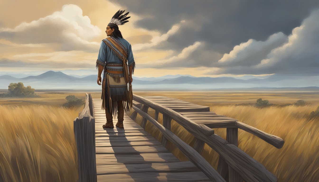 A Native American actor stands on a rustic wooden bridge, gazing into the distance with a determined expression. The backdrop is a vast, open prairie with a dramatic sky overhead