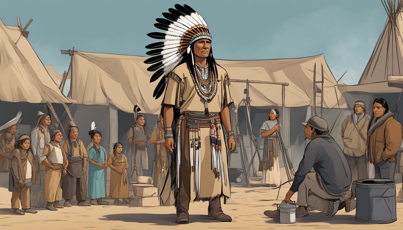 A Native American actor in traditional attire stands in front of a camera crew on a movie set