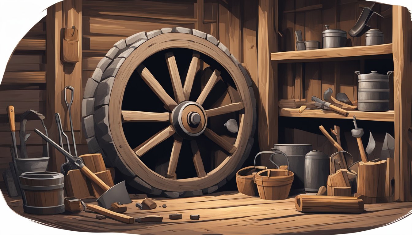 A dusty wagon wheel being repaired by a blacksmith in a rustic workshop, surrounded by tools and wood planks