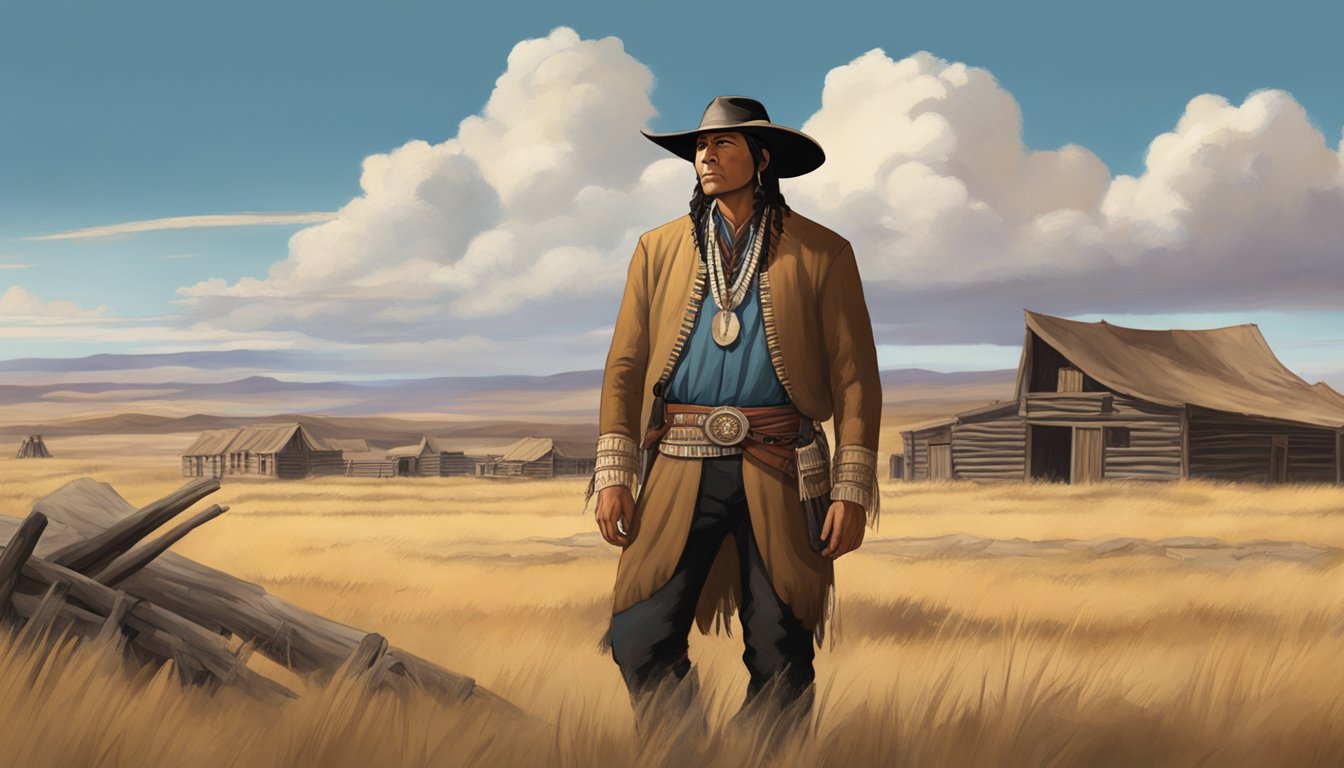 A Native American actor in period clothing stands in a western frontier setting, surrounded by rustic buildings and open prairie under a big sky