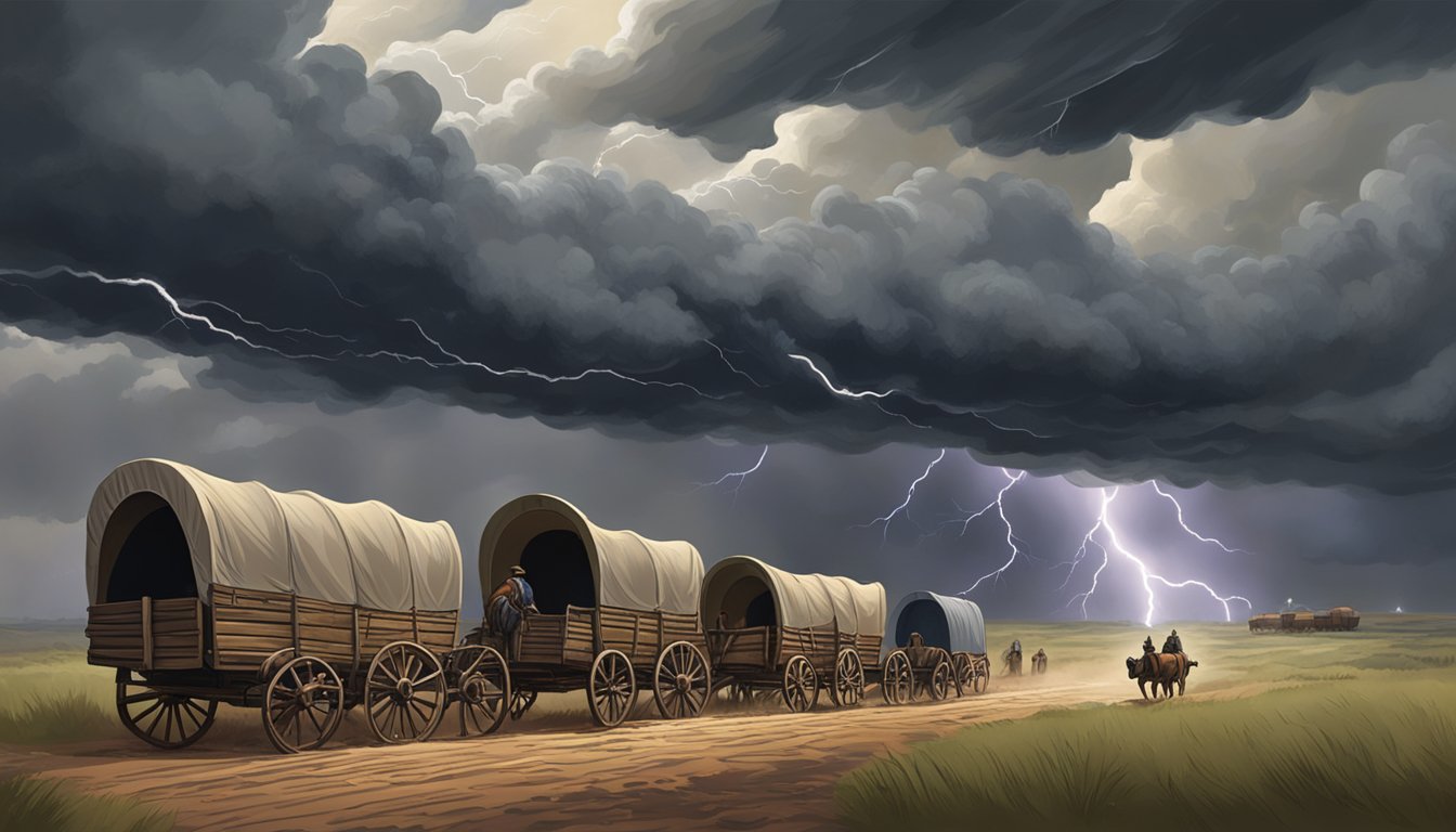 The stormy sky looms over a group of covered wagons, their weary occupants trudging through muddy terrain. Lightning flashes and thunder rumbles in the distance, foreshadowing the challenges ahead