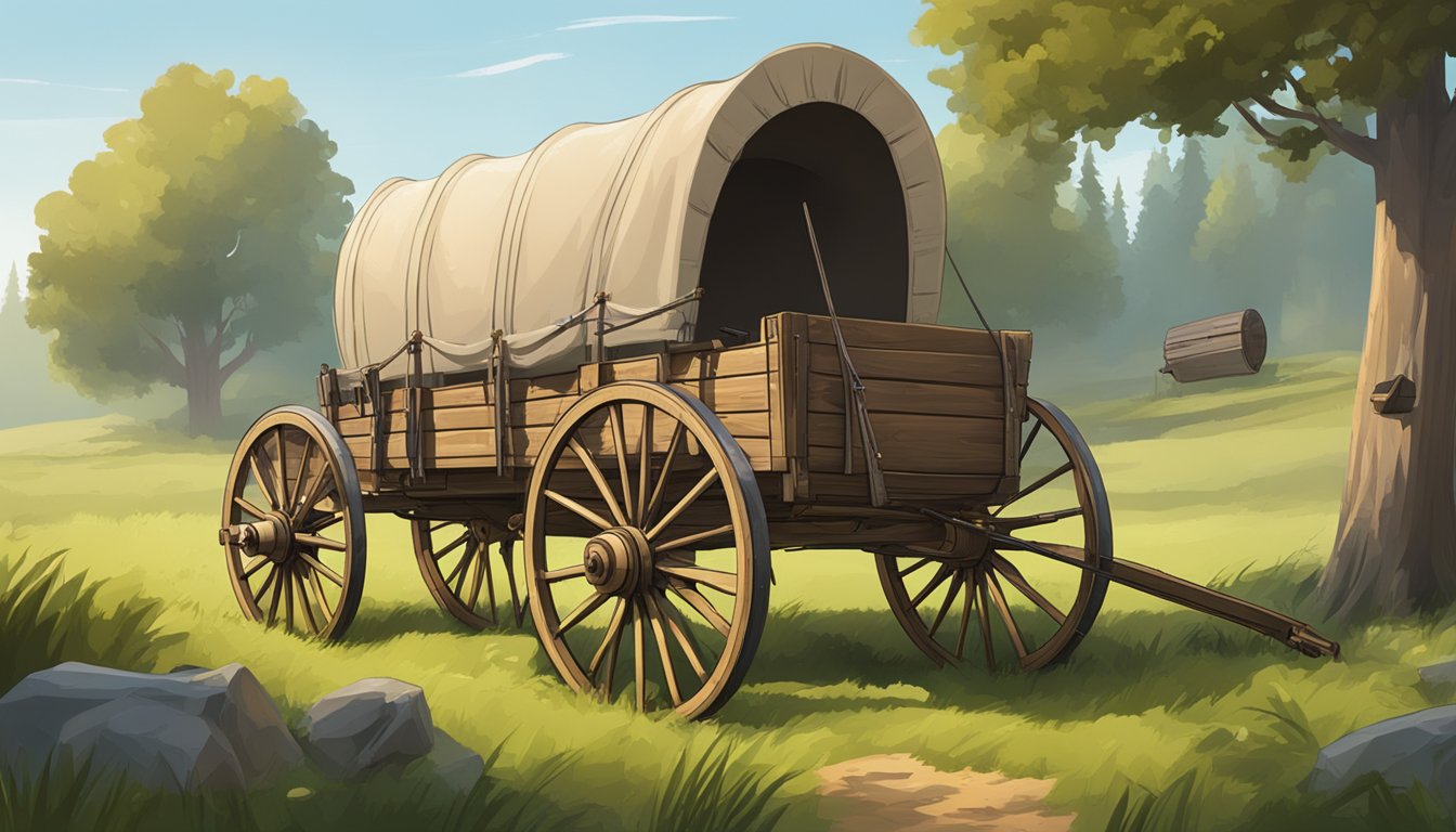 A pioneer wagon sits in a grassy clearing, its wooden wheels in need of repair. Tools and spare parts are scattered nearby