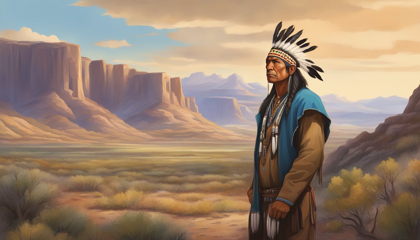 A Native American man stands confidently in traditional clothing, surrounded by rugged western landscape