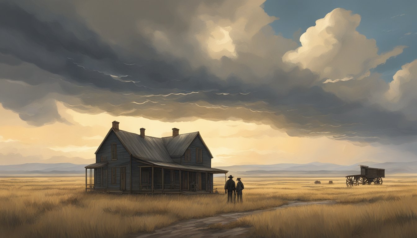 A stormy sky looms over a desolate prairie, casting a foreboding atmosphere on the journey of the main characters in "1883"