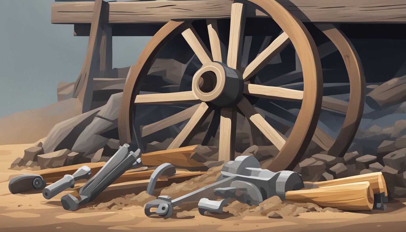 A dusty wagon wheel being repaired with tools and wooden parts strewn about on the ground