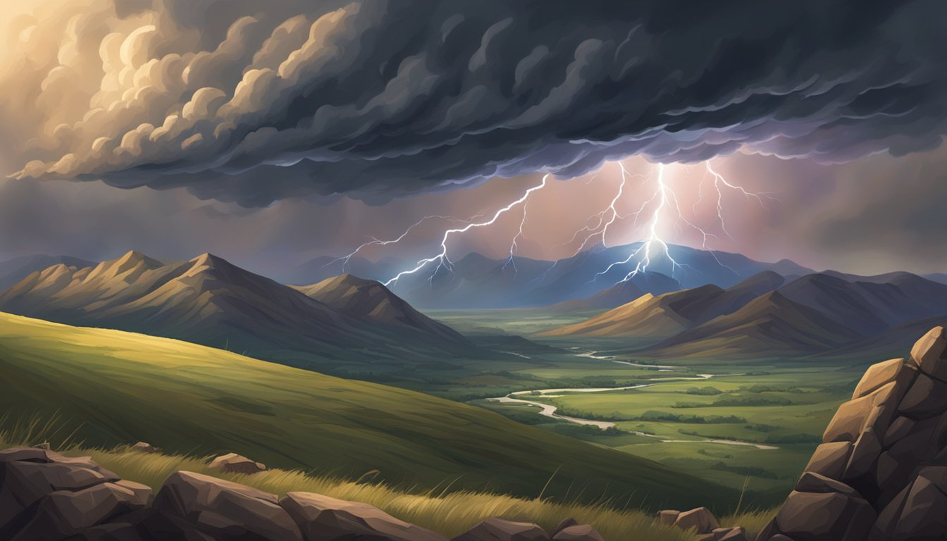 A stormy sky looms over a vast, rugged landscape. Lightning strikes illuminate the rolling hills and rocky terrain, setting the stage for a treacherous journey