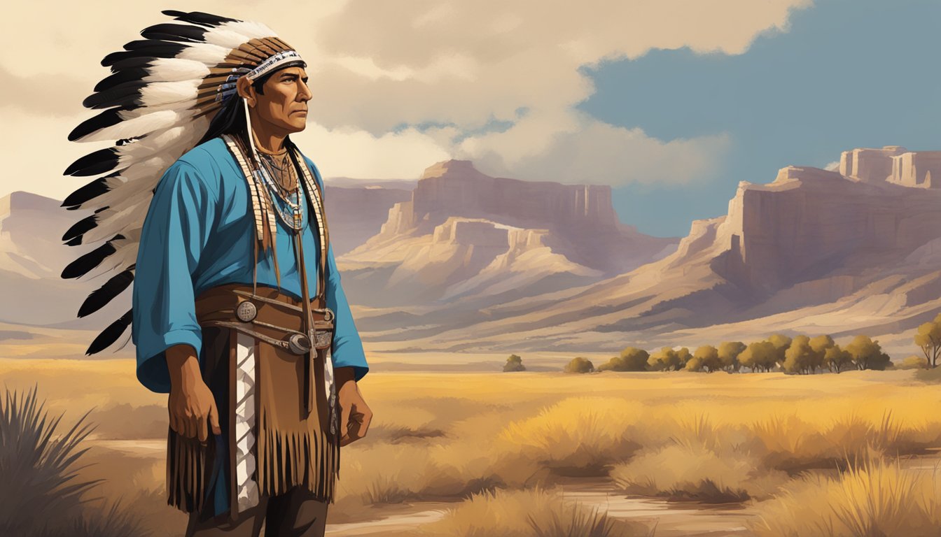 A Native American actor in traditional clothing stands in front of a rustic western backdrop