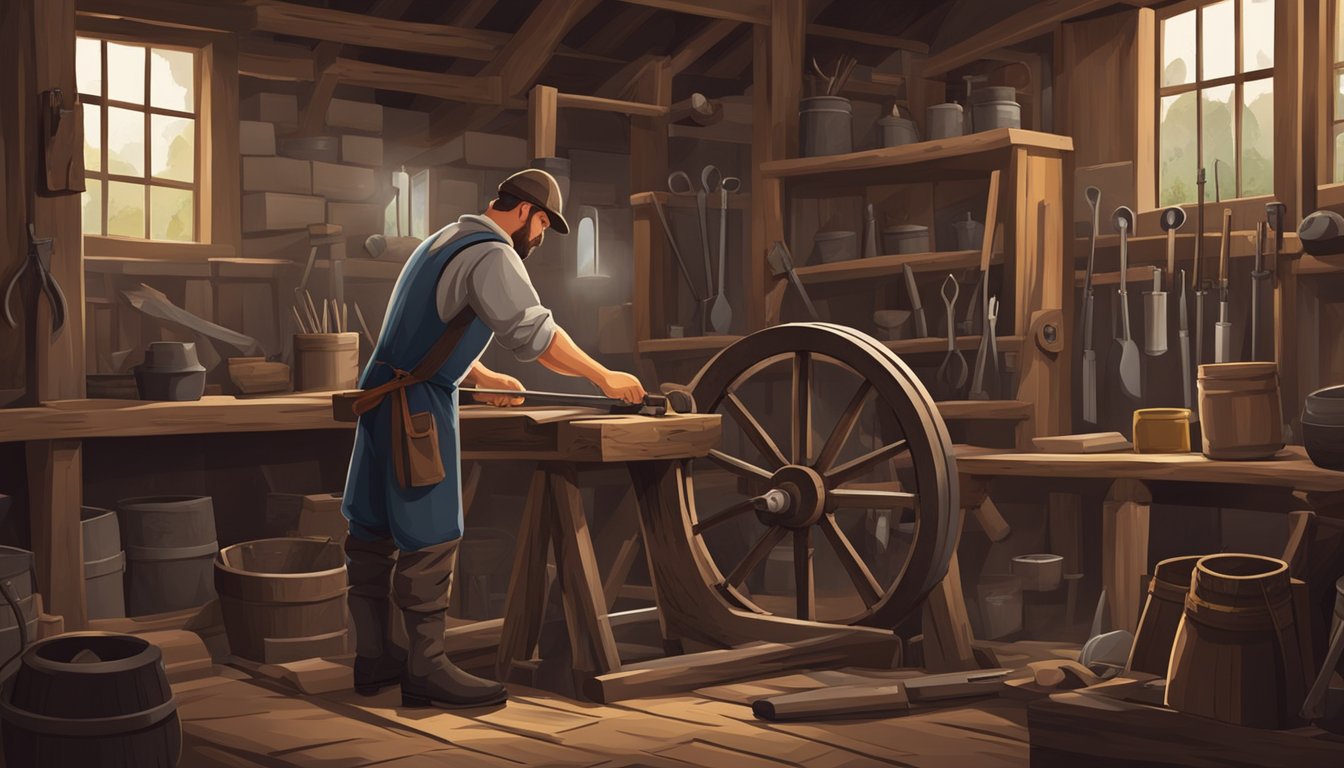 A blacksmith expertly repairs a wooden wagon wheel in a rustic workshop, surrounded by tools and raw materials