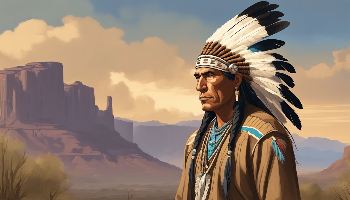 A Native American actor in traditional clothing stands proudly in a western frontier setting