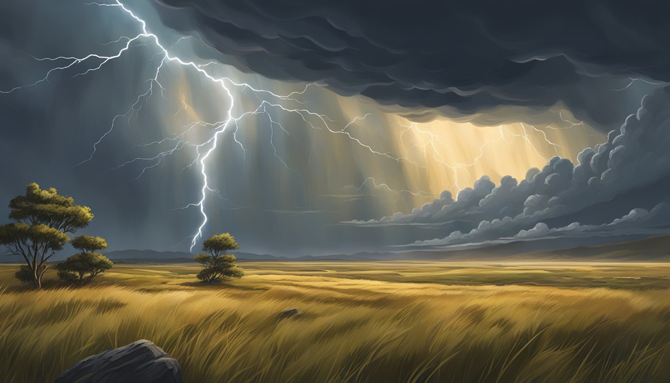 A stormy sky looms over a vast prairie, with lightning illuminating the rugged terrain and a howling wind whipping through the grass