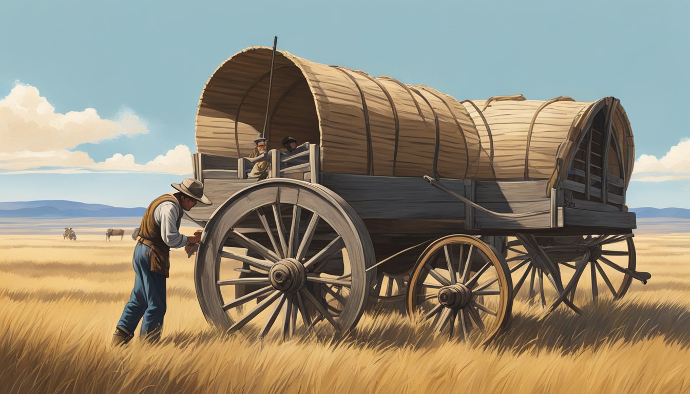 A pioneer repairing a wagon wheel in the prairie, surrounded by vast open land and a clear blue sky