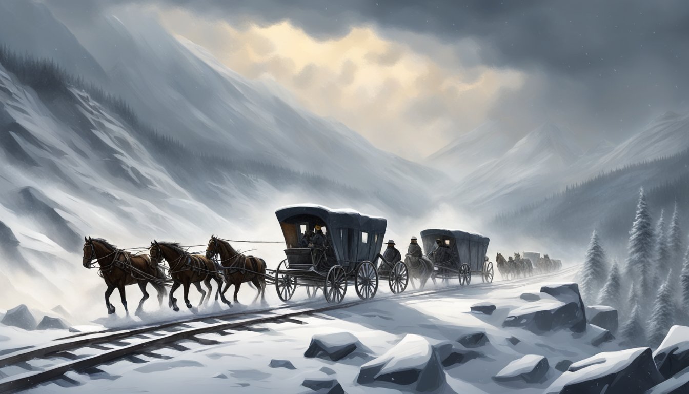 A wagon train battles through a harsh blizzard, struggling against fierce winds and snow-covered terrain, as the weather becomes a formidable adversary on their journey