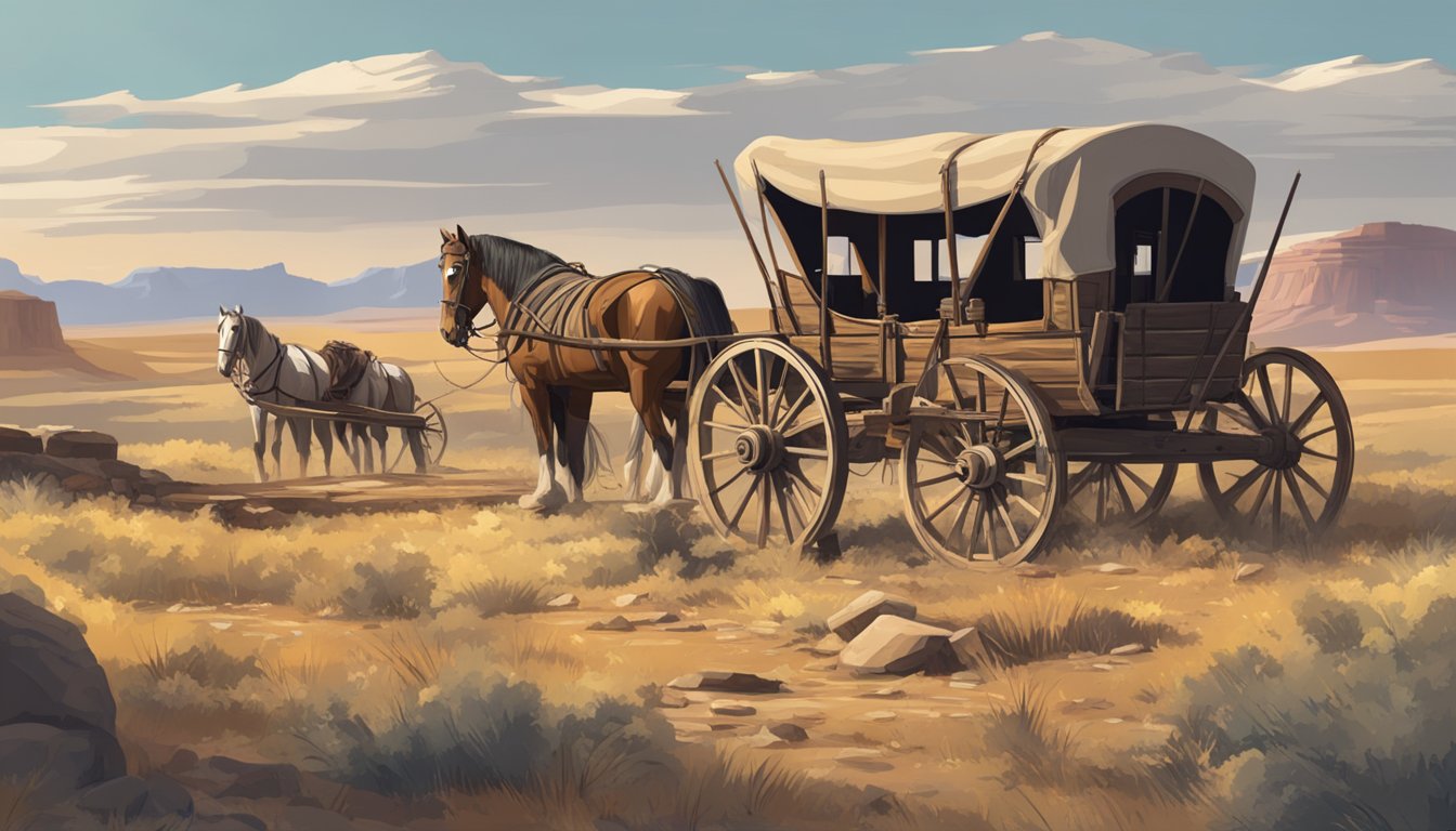 A rugged pioneer wagon with broken wheel being repaired in the wild west