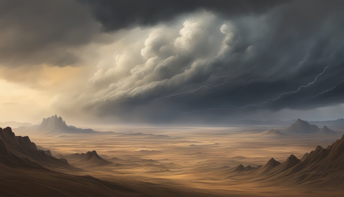 A vast, arid landscape with dust swirling in the air, ominous storm clouds gathering in the distance. The weather looms over the rugged terrain, casting an eerie and foreboding atmosphere