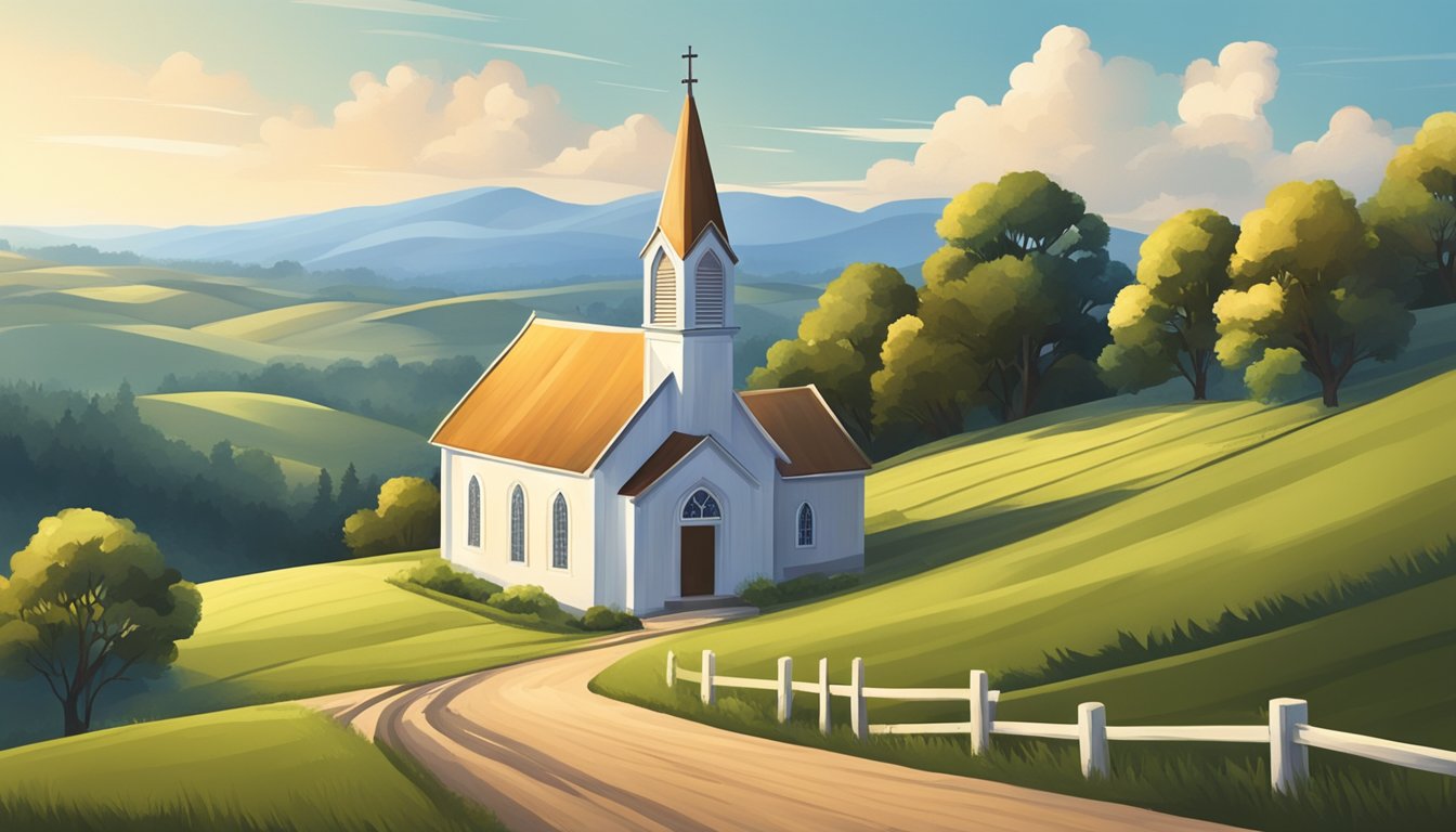 A small rural church with a simple wooden exterior, nestled among rolling hills and surrounded by a peaceful countryside landscape