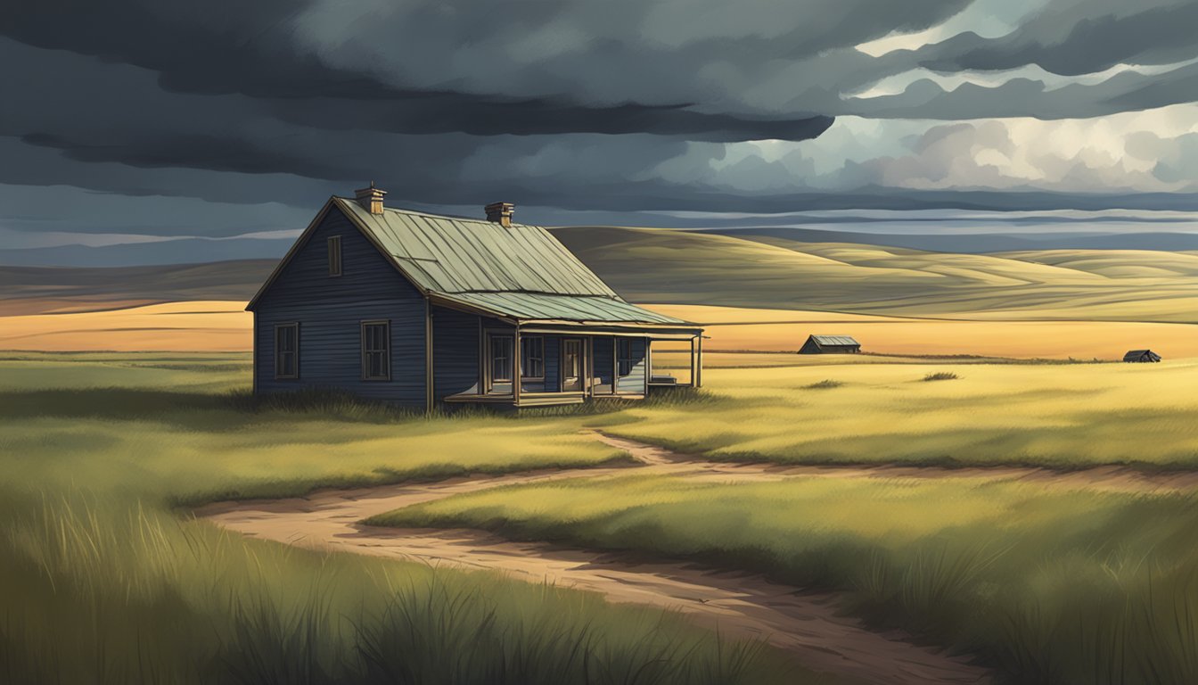 A desolate prairie landscape with a lone homestead, surrounded by rolling hills and a stormy sky