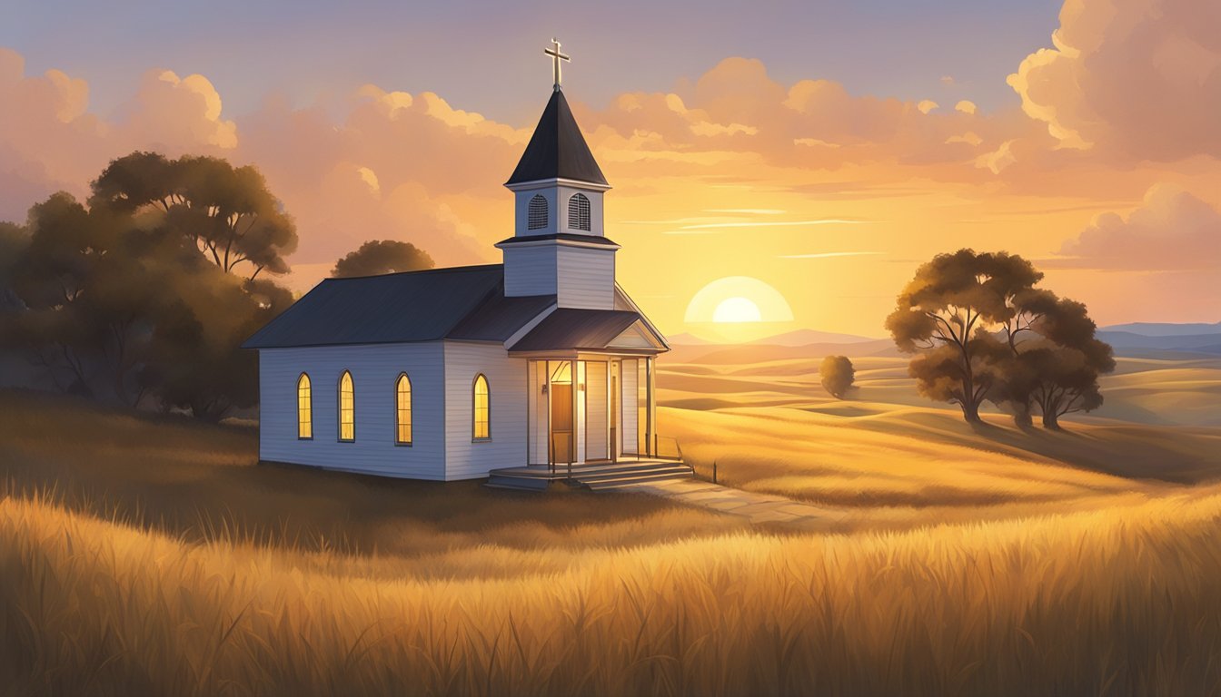 A small church nestled in the vast prairie, with a golden sunset casting a warm glow over the landscape