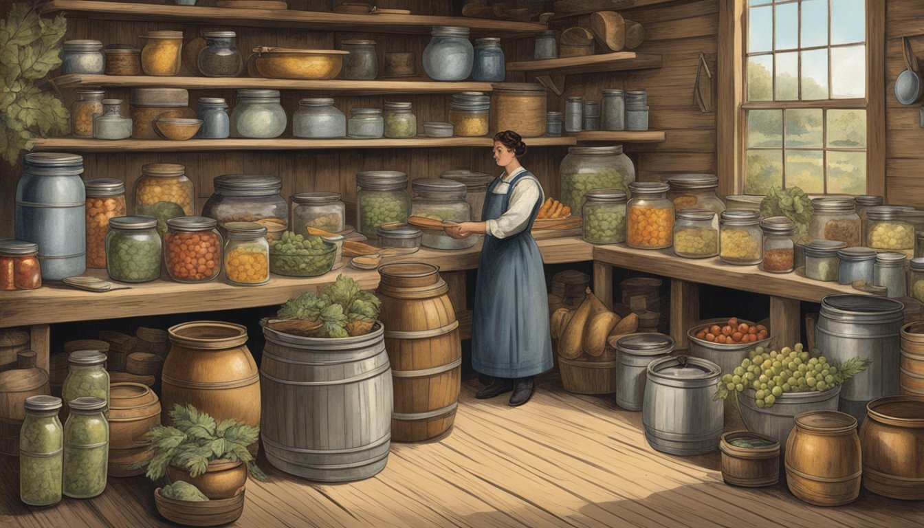 Various food preservation techniques from the 1880s, such as canning, salting, and smoking, are depicted in a rustic setting