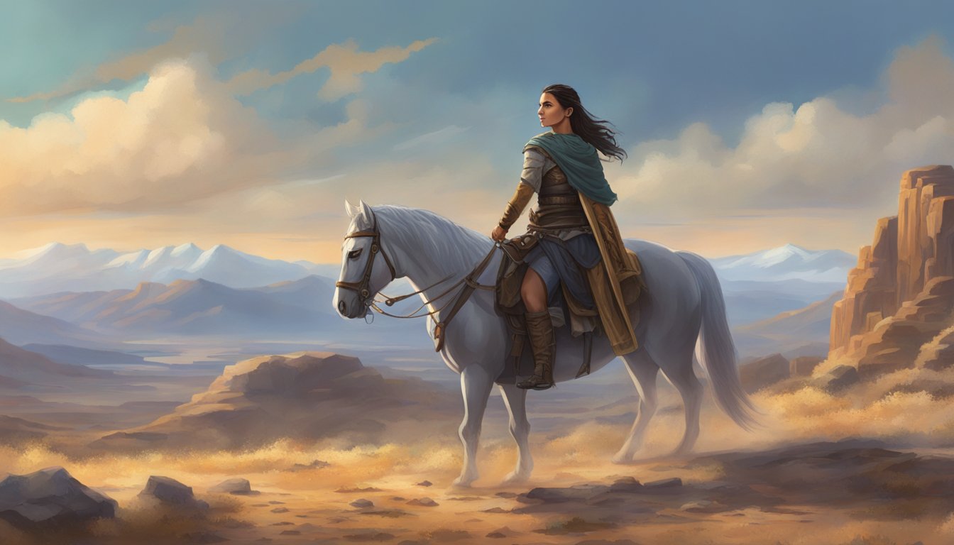 Noemi stands tall in a vast, rugged frontier landscape, her determined gaze fixed on the horizon as she transforms from a grieving widow to a fierce frontier warrior