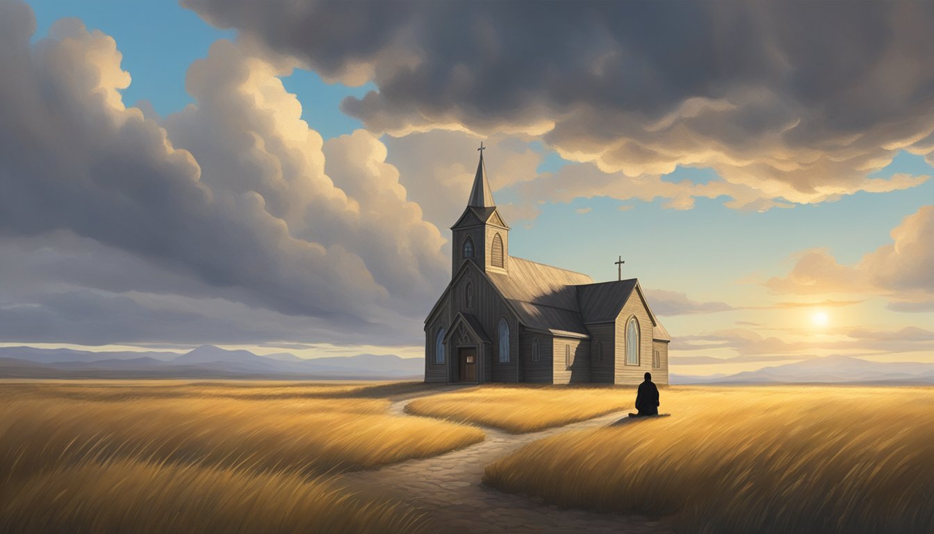 A rustic church nestled in a vast, open prairie under a dramatic sky. A lone figure kneels in prayer outside the church, surrounded by the vastness of the landscape