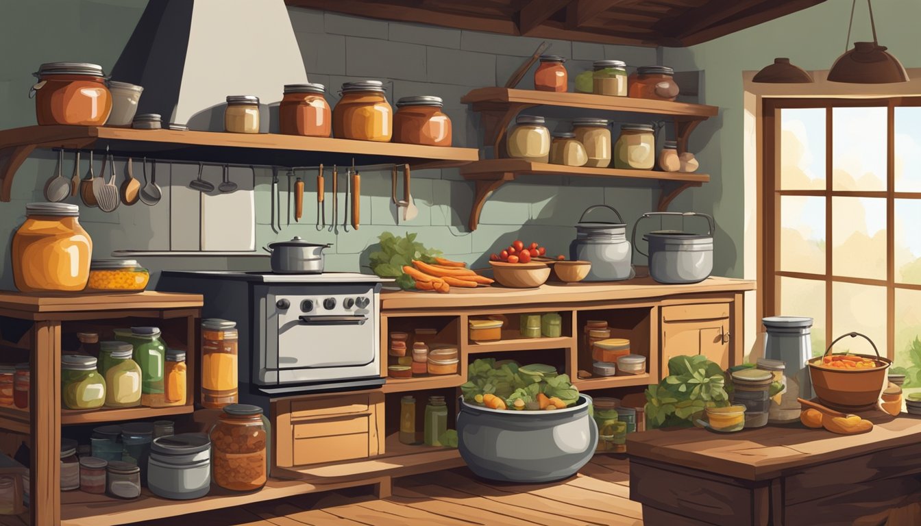 A rustic kitchen with shelves of canned goods, a large pot simmering on a wood-burning stove, and various canning tools scattered on the counter