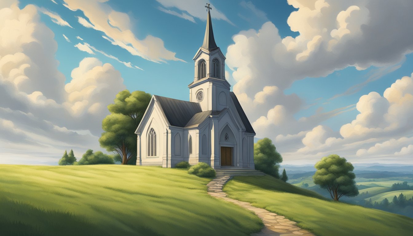 A lone church sits atop a grassy hill, surrounded by a vast, open landscape. The sky is filled with dramatic clouds, hinting at the role of religion in the characters' lives