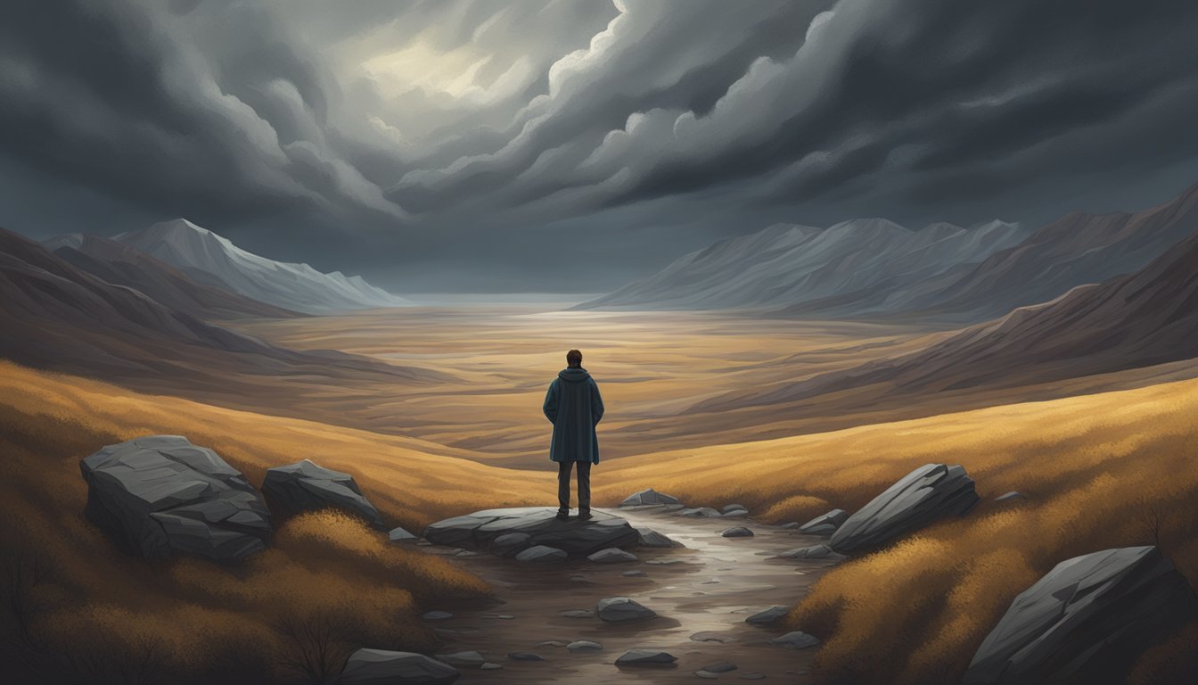 A lone figure stands in a desolate frontier landscape, surrounded by rugged terrain and a stormy sky, reflecting the transformation from grief to strength