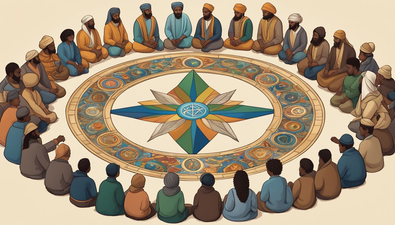 A diverse group of people of different ethnicities and genders gather around a sacred symbol, representing the influence of religion on their lives in "1883"