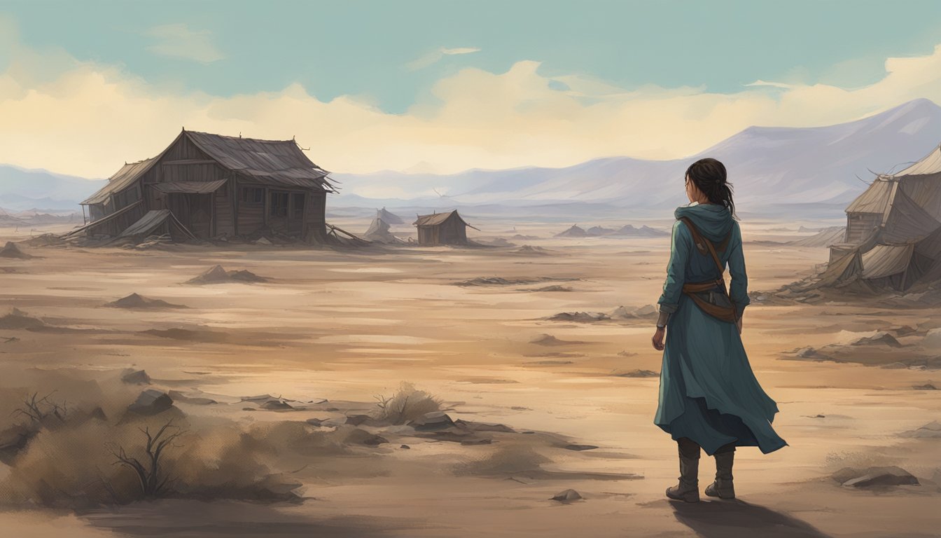 A lone figure stands in the desolate frontier, surrounded by the remnants of a once thriving settlement. The wind whips through her hair as she surveys the landscape with a determined look in her eyes