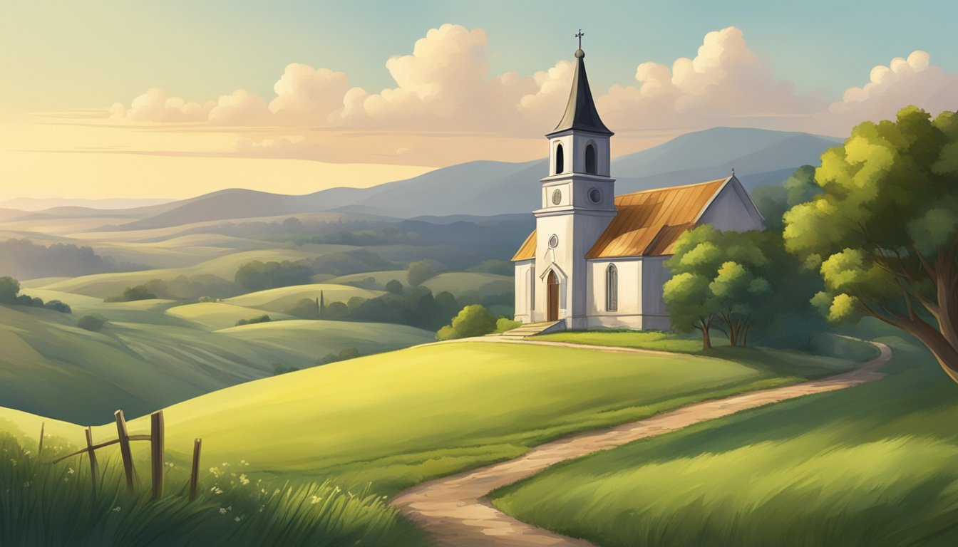 A serene countryside landscape with a small church nestled among rolling hills, symbolizing the influence of religion on the characters in "1883."