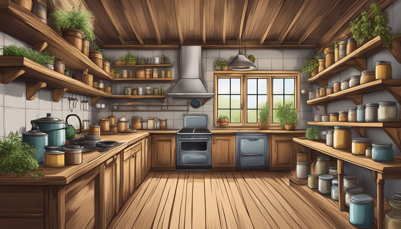 A rustic kitchen with shelves of canned goods, hanging herbs, and a pot of boiling jam on a wood-burning stove