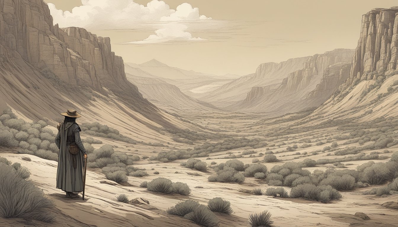 A lone figure stands in a vast, rugged frontier landscape, surrounded by a mix of traditional and pioneer elements, reflecting the transformation of Noemi from grieving widow to frontier warrior in 1883