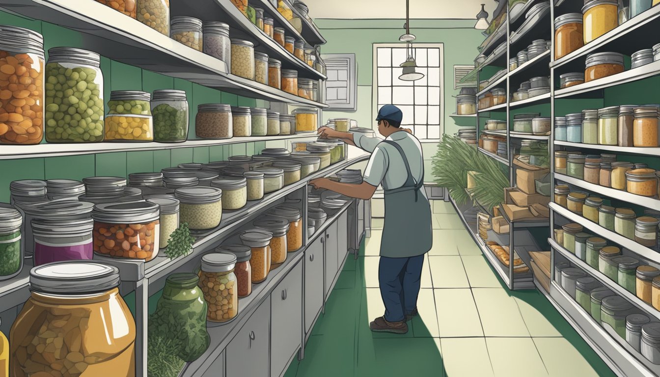 A bustling kitchen scene with shelves of canned goods, hanging herbs, and workers using various preservation techniques