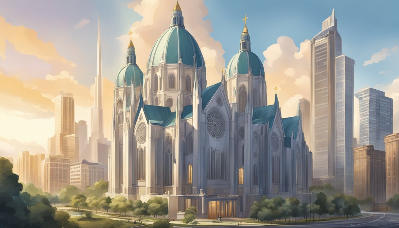 A grand cathedral nestled among modern skyscrapers, symbolizing religion's enduring presence in a scientific era