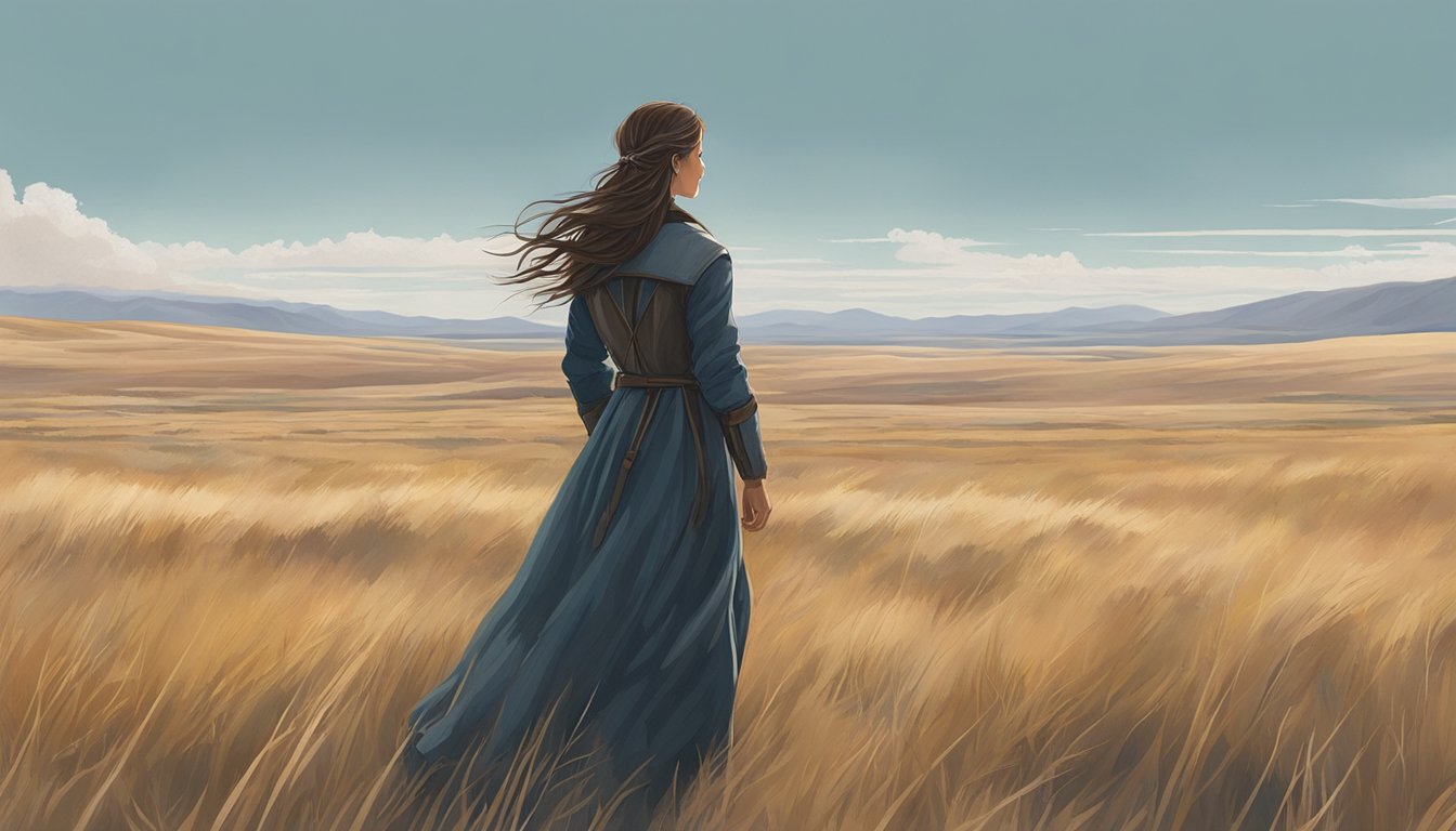 A lone figure stands on a vast, open prairie, gazing out at the horizon with determination and strength in her eyes. The wind whips through her hair as she prepares to face the challenges of the frontier