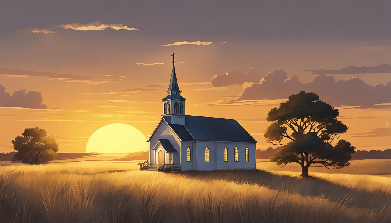 A rustic church standing tall amidst vast prairie, with a golden sunset casting a warm glow over the landscape